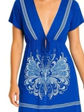 Julia Short Sleeve Sundress or Swimsuit Coverup Blue White Beads Lighweight